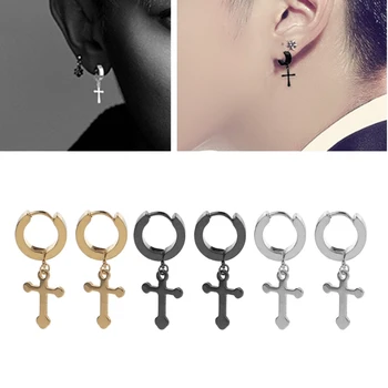 

1 Pair Punk Titanium Steel Cross Drop Piercing Stud Earring Men Jewelry