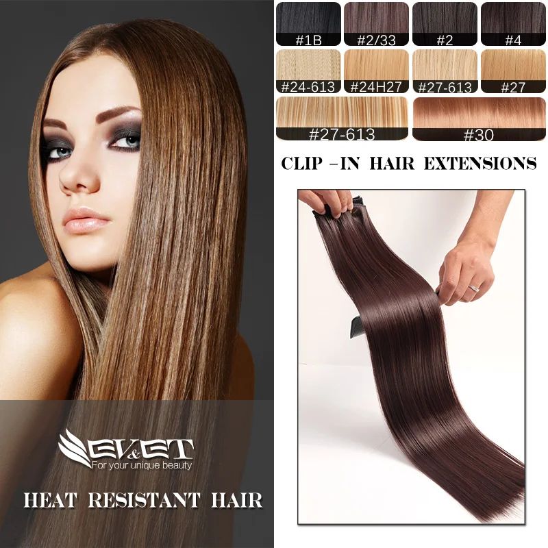 EVET Synthetic Straight Hair Fake Hairpieces  6 pieces Clips Hair 23 Inches 130g Heat Resistant Hair Fashion Long Straight Hair