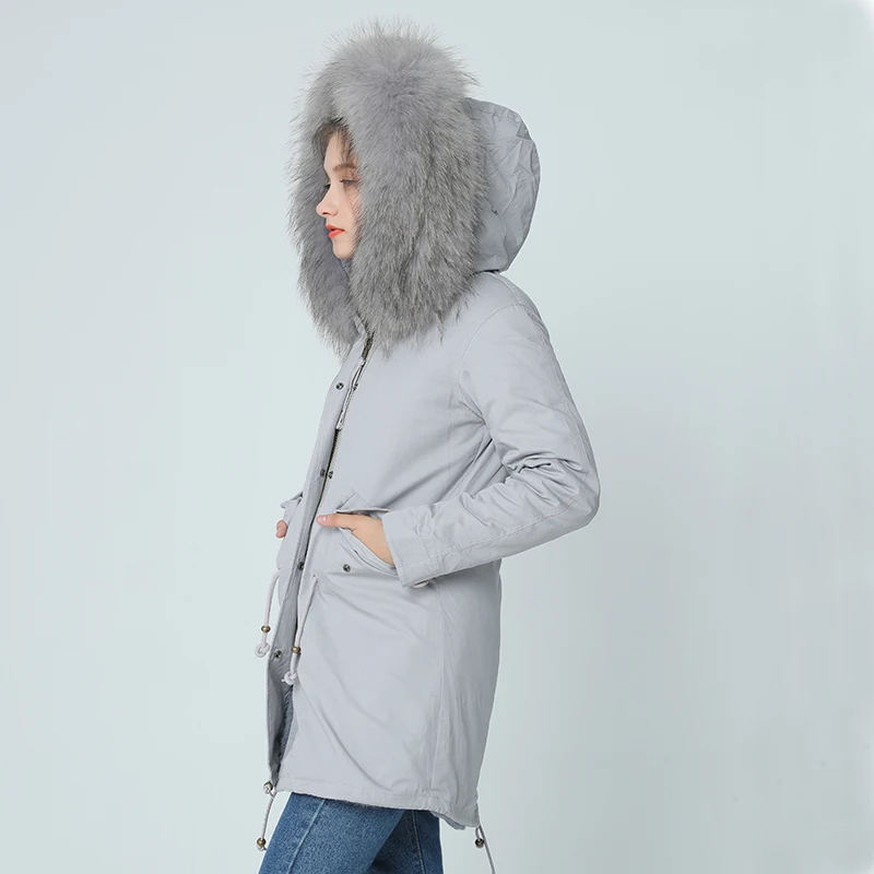 Женская куртка с капюшоном OFTBUY серая парка натуральным большим светло розовым