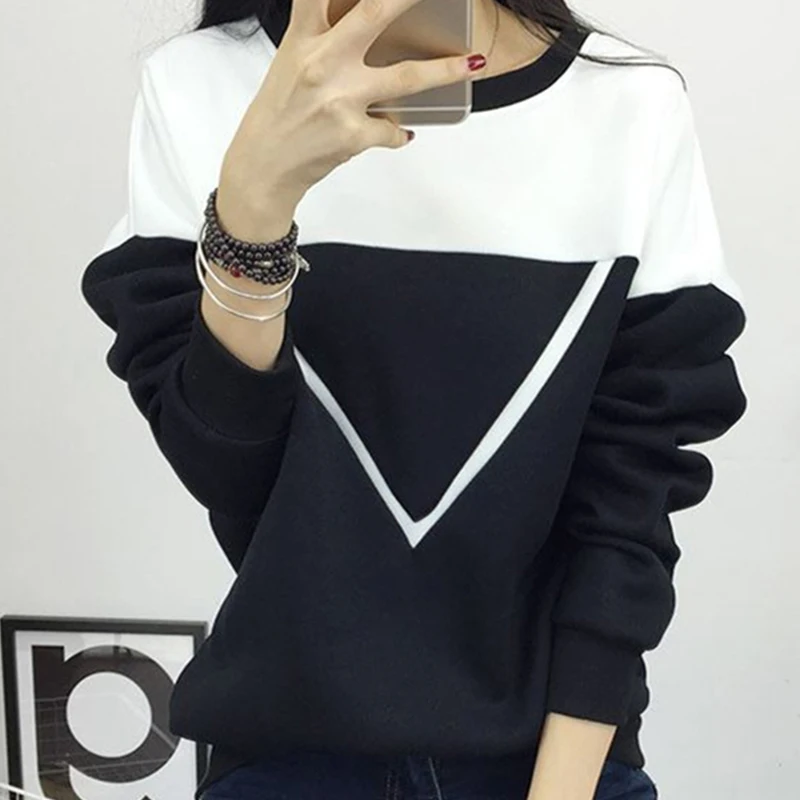 

Women Black Contrast Color Sweatshirt Long Sleeve O-neck Loose Casual Korean Fashion Woman's Pullovers Autumn Female Clothing