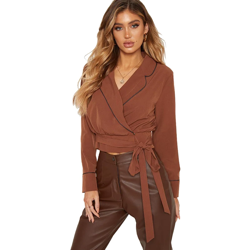 

JYSS brown women tops and shirts v-neck collar long sleeve shirts sashes fashionable lady clothes female tops and blouses 81820