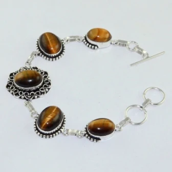 

Серебряное покрытие тигрового глаза на медном браслете, 20,1 см, B1506