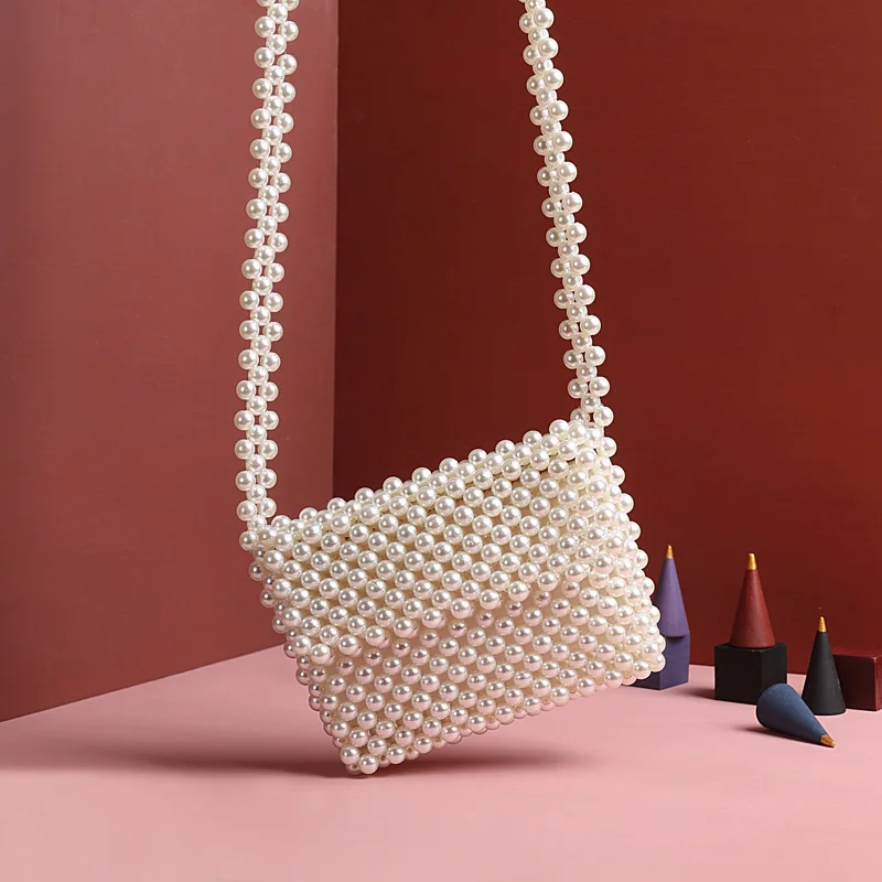 

New pearl bag wide vintage handmade 2019 shoulder strap clamshell cross shoulder dinner party woven beaded handbag