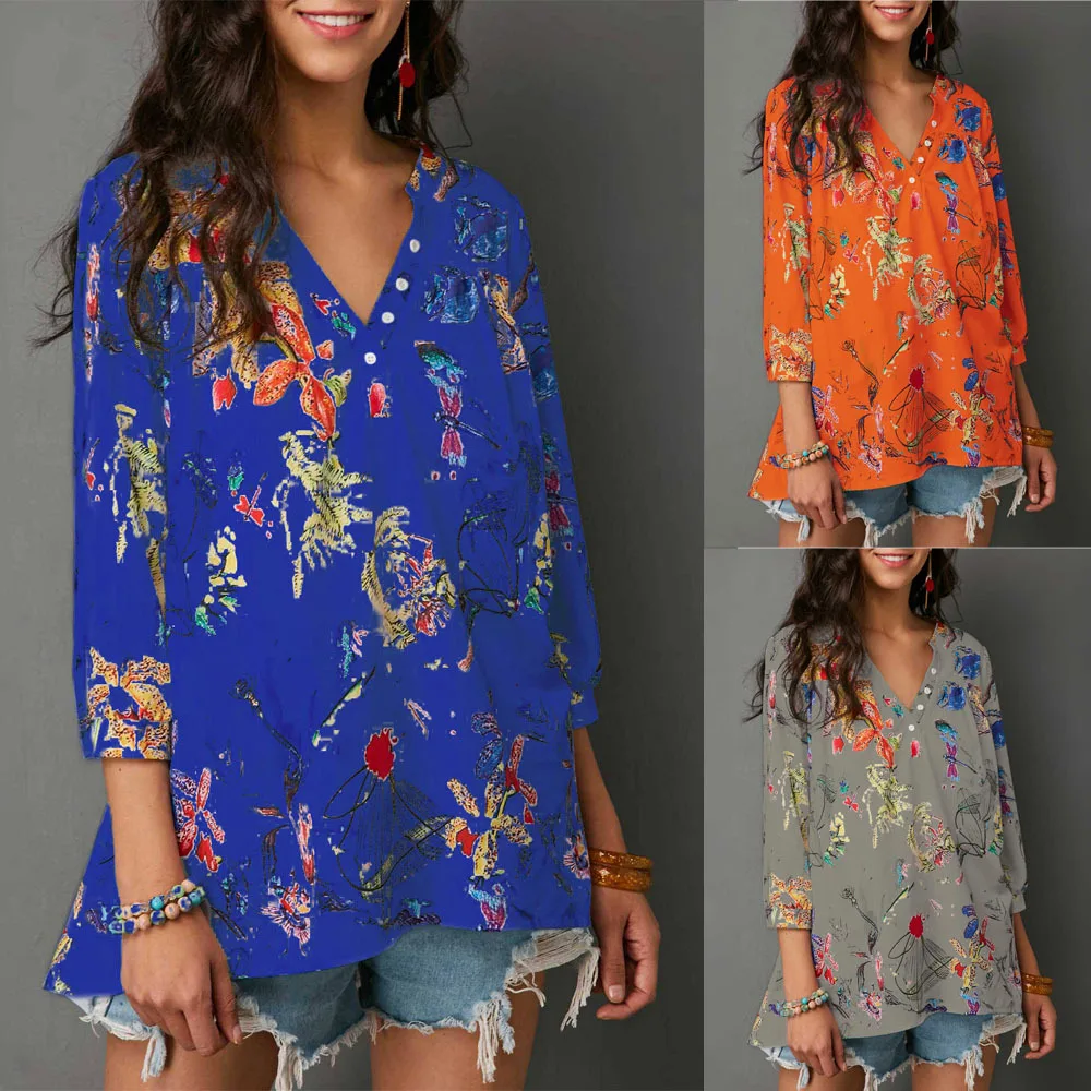 Women Shirts And Blouses Long Sleeves Buttons Casual V-Neck Floral Printed Woman Blouses 2019 Loose Women Blouse And Tops 2019