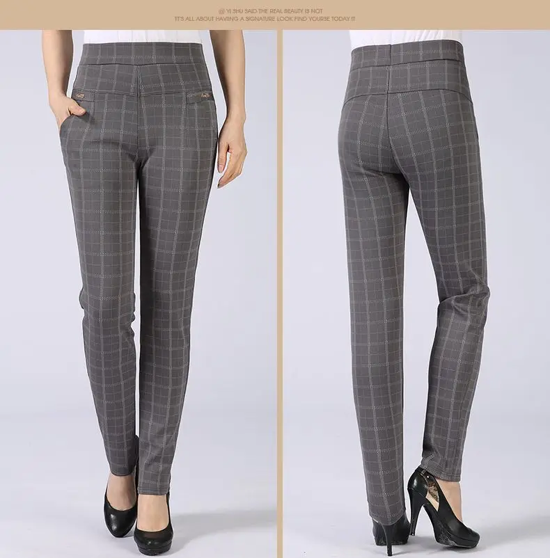 Spring Autumn Woman Casual Pant Navy Blue Black Khaki Gray Trousers Middle Aged Women Plaid Pattern Pants High Waist Trousers Mother Bottoms (9)
