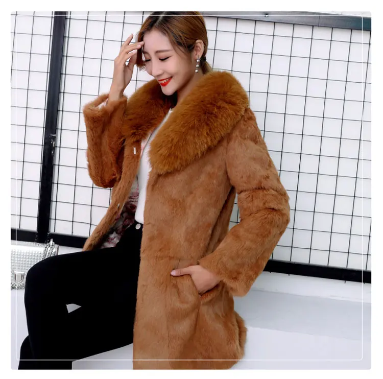 Настоящее натуральное пальто из кроличьего меха с воротником из лисьего меха, Женская длинная модная куртка из натурального меха