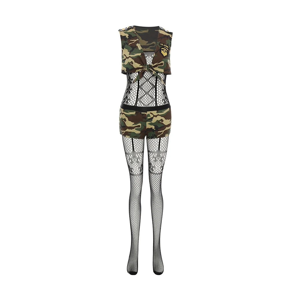 Sexy Role Play Military Tops and Shorts Camouflage Masquerade Fancy Outfits Halloween Women Army Costume Soldier Cosplay 7007