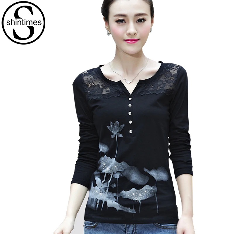 Shintimes Poleras Mujer 2018 Korean Long Sleeve Shirt Women Vintage T Shirt Tee Shirt Femme Cotton Diamonds Lace T-Shirt Women