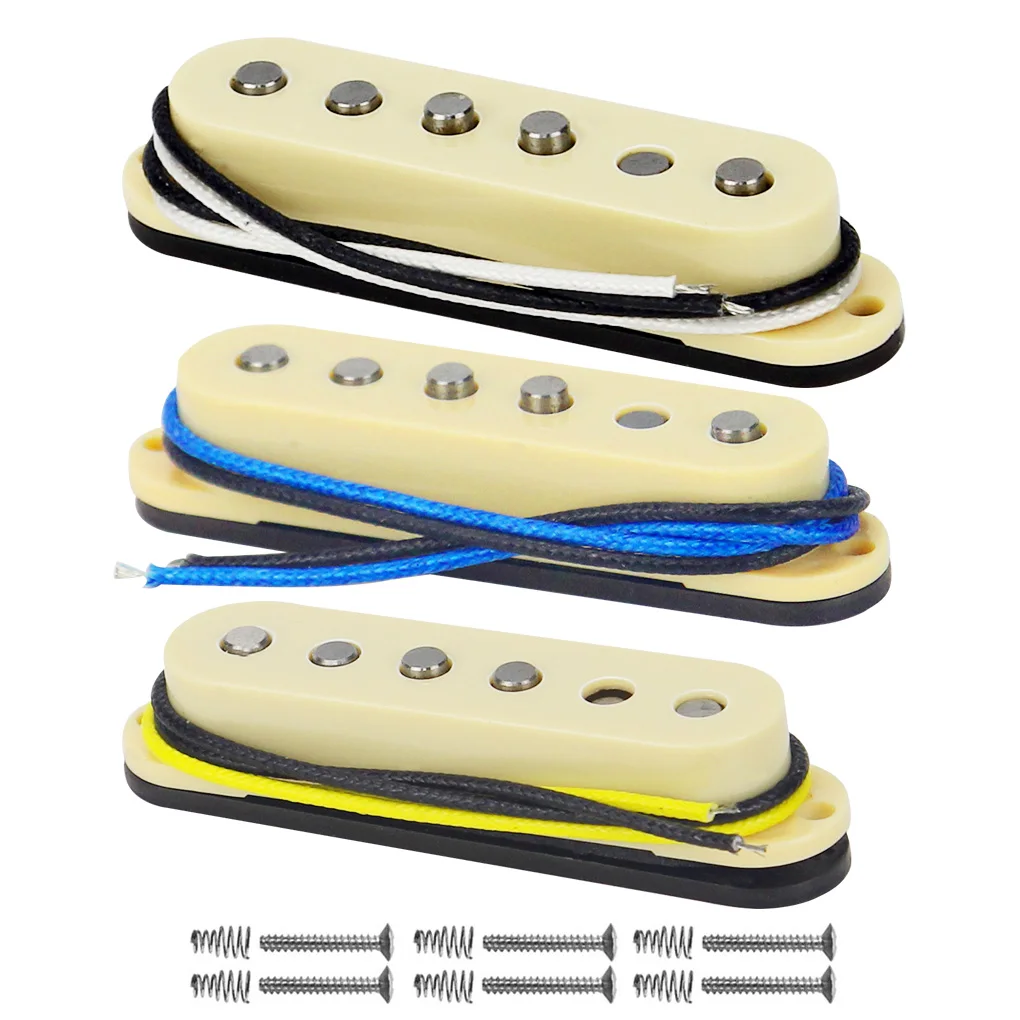 

FLEOR 3pcs Staggered Alnico 5 Vintage Single Coil Guitar Pickup Neck/Middle/Bridge Pickups Fiber Bobbin Cloth Cables, Yellow