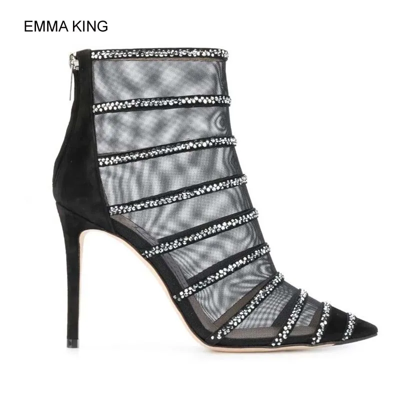 

EMMA KING Mesh High Heels Ankle Boots Women Autumn Shoes Crystal Fashion Mujer Botas Pointed Toe Modern Female Booties Fall