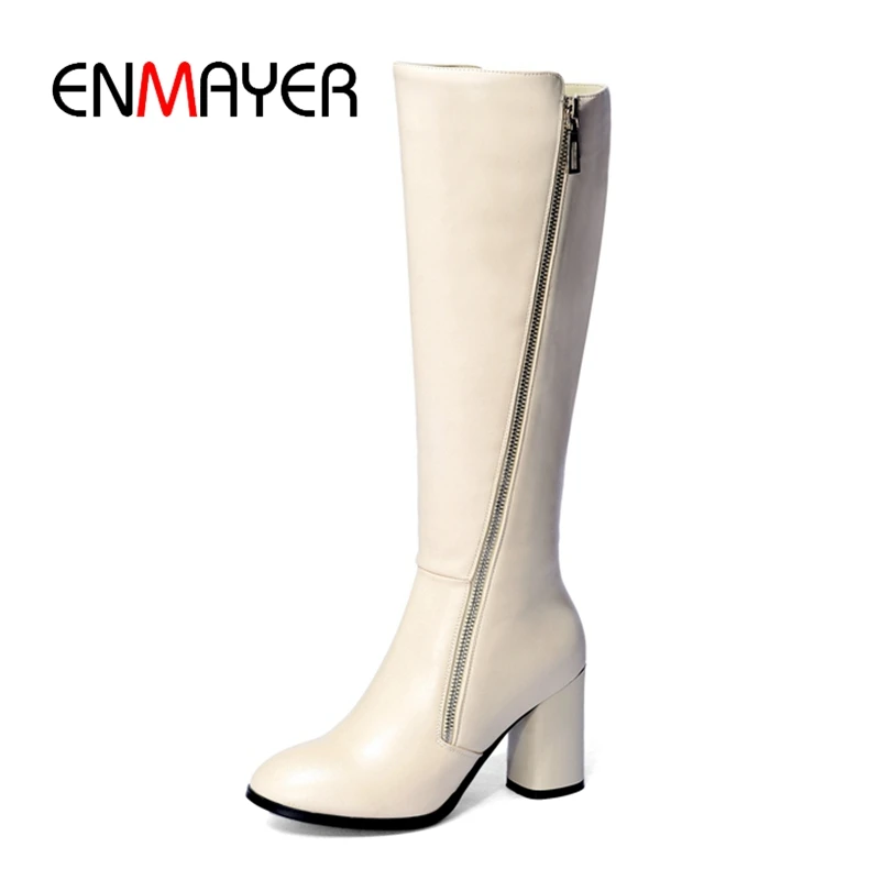 

ENMAYER New fashion solid round toe women knee high boots high heel boots real leather zipper boots for women Big size ZYL943