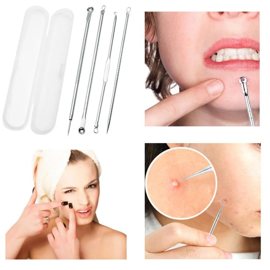 

4 PCS Stainless Steel Acne Extractor Set Pimple Blemish Comedone Acne Extractor Remover Tool Set Silver Acne Needles Wholesale