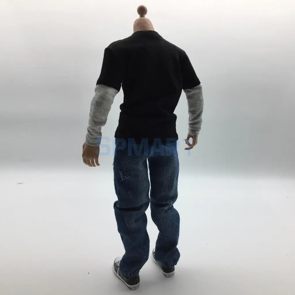 1/6 Scale Mens Outfits Clothes Black Long T-shirt Denim Jeans and Canvas Shoes Set for 12inch   Action Figure Accessories