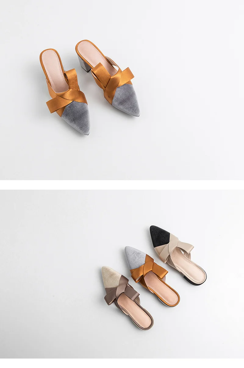 Г. весенне-Летняя женская обувь вельветовые тапочки с острым носком и бантом модная обувь на низком каблуке элегантные женские Тапочки