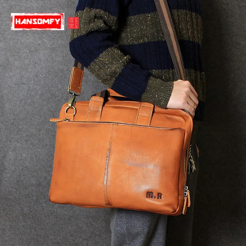 

Original Handmade Genuine leather men bag cross section handbag head layer leather shoulder large Messenger Laptop bags