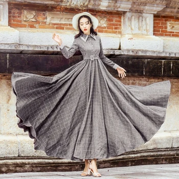 

2018 New Spring Fashion College Wind Vintage Plaid Dress Slim Waist Long Sleeve Women's Dresses Turn-down Collar Female Dress