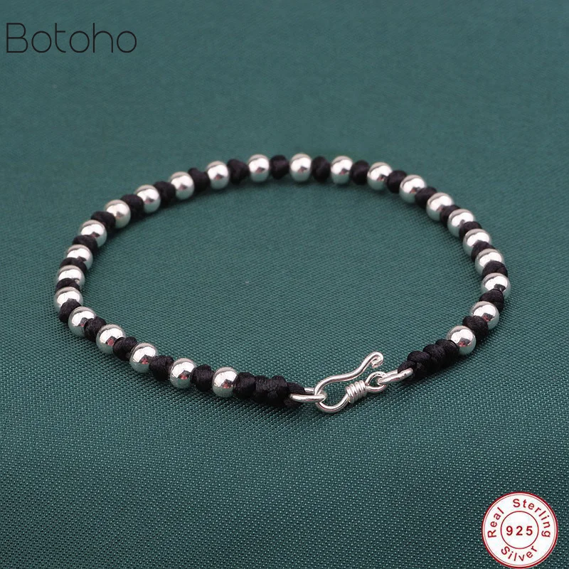

Handmade 925 Sterling Silver Beads black Rope Bracelets Cord String Braided Friendship Lucky Bangle For Women Men Couple Lovers
