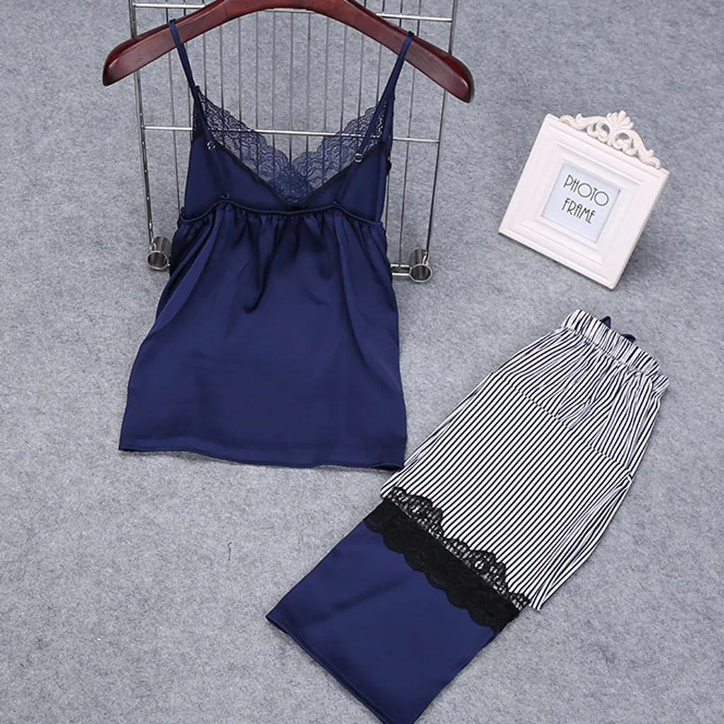 

Womens Sexy Satin Sling Striped Long Pants Lingerie Nightwear Underwear Set #7