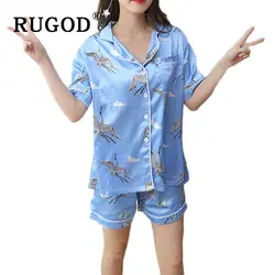 RUGOD 2018 Новейшая летняя домашняя одежда для женщин 2 предмета с принтом журавля короткий рукав отложной воротник рубашка и шорты pijamas