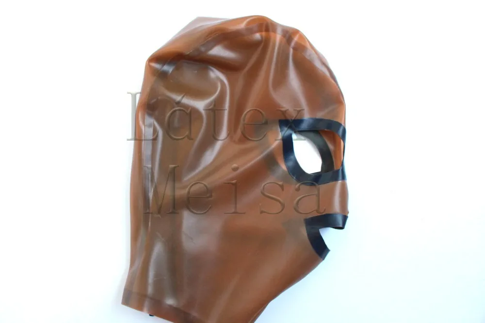 

Transparent brown latex catsuit mask open eyes mouth and nostrils with back zip for adults