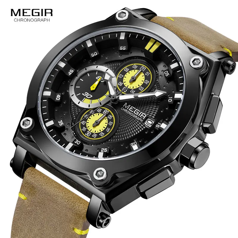 

Megir Men's Brown Leather Strap Quartz Watches Chronograph Sports Wristwatch for Man 3 ATM Waterproof Army Clock 2098 Black