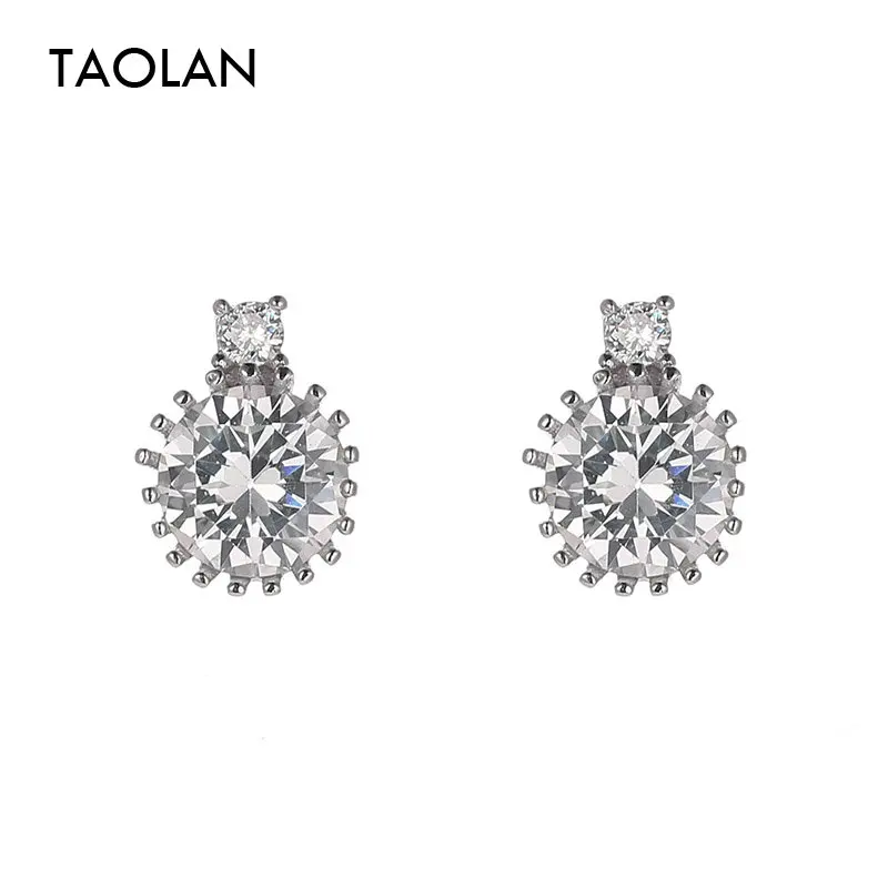 TAOLAN New Elegant Rhinestone Stud Earrings for Women Round Cubic Zirconia Lady's Piercing Rhodium Plated E684 | Украшения и