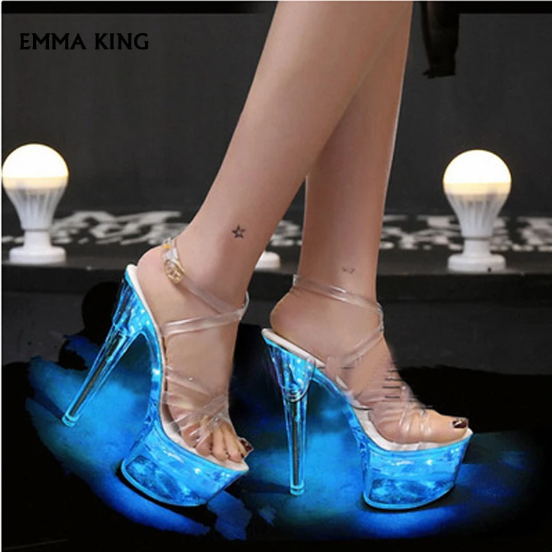 

2019 New 15cm Super High Heel Stiletto Sandals Waterproof Platform Crystal Heel Flashing Light Shoes Woman Gorgeous Ladies Heels