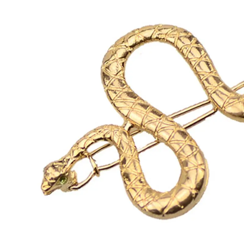 Women Girl Boho Snake Shape Hair Clips Decor Textured Metal Alloy Hairpins Faux Green Crystal Eyes Modern Jewelry Snap Barrettes