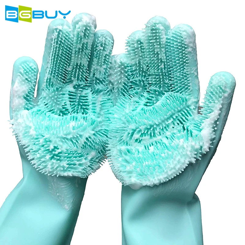 

Dishwashing Cleaning Sponge Gloves with Long Bristles, 1 Pair Reusable Silicone Brush Gloves for Dishwashing,Kitchen,Bathroom
