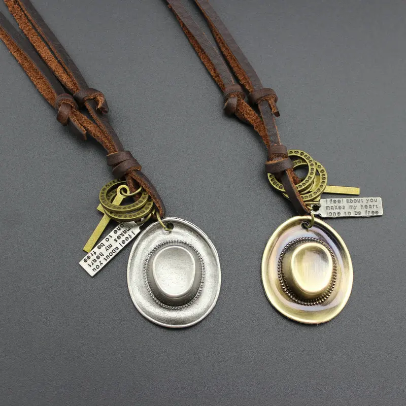 Exaggerate cowboy hat pendant long necklaces for boy elegant brown