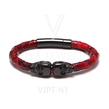 

High End Quality Luxury Grey Genuine Python Leather Bracelet Man Black Twins Skull Men Bangle Customize Big Size