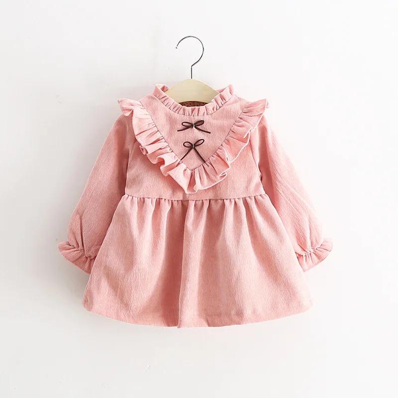 

New Baby Girls Dress Spring And Autumn Long Sleeve Korean Version Solid Color V-shaped Fungus Dress Paragraph Child Dress