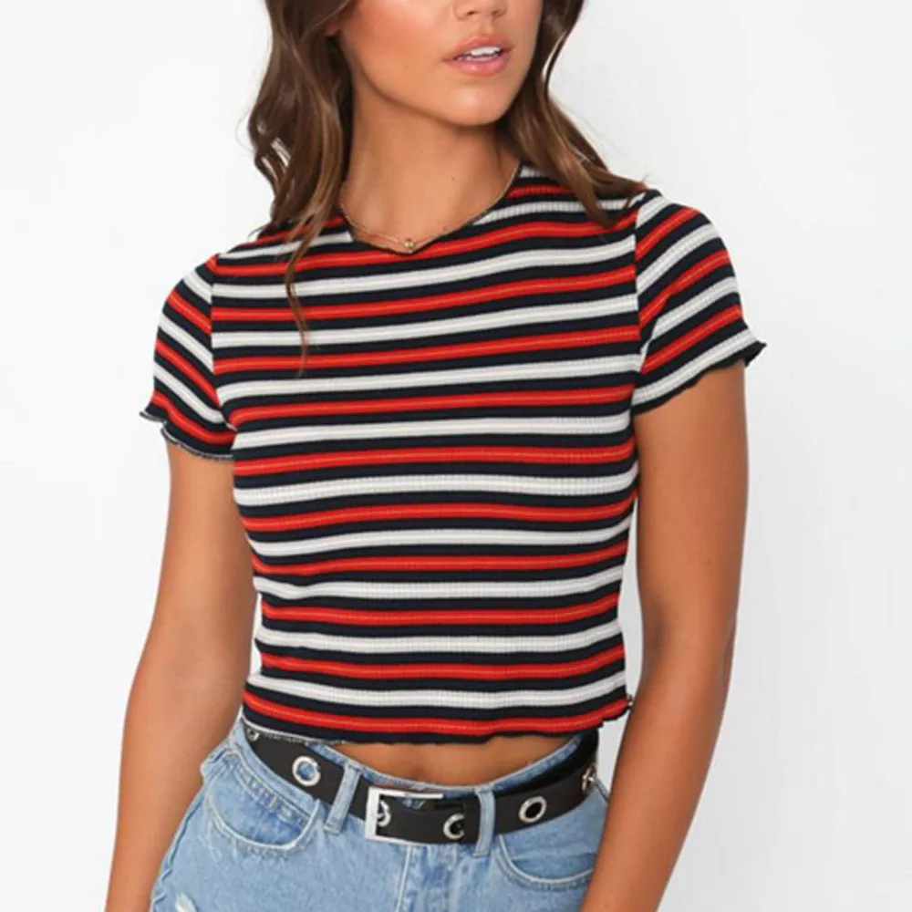 

Fashion Womens Crop Tops 2018 Summer Fashion Casual O-Neck Short Sleeve Striped T-Shirt Woman Short Tops #YJP