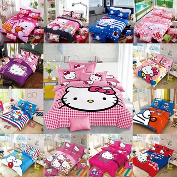 

New Bedding Cartoon Hello Kit cat cut Mouse 4pcs/3pcs Duvet Cover Sets Soft Polyester Bed Linen Flat Bed Sheet Set Pillowcase