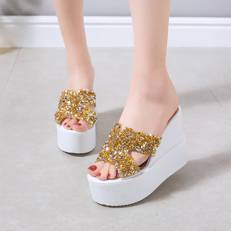 

2019 Summer New Women Beach Slippers Bling Wedge Platform Slippers Wedge Platform Sandals Black/Gold/Silver Women Shoes