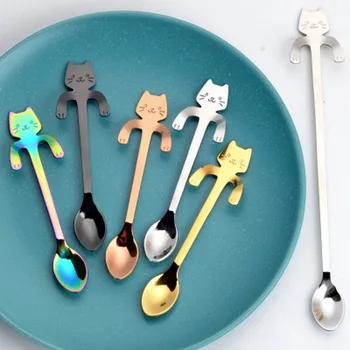 

DHL 500pcs practical Cute Cat Teaspoons Stainless Steel Cartoon Cat spoons Creative Ice Cream DessertCoffee&Tea Spoon
