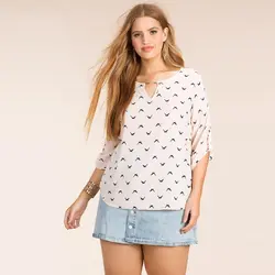 Для женщин; Большие размеры Surfbird животного печатных блузка шифон три четверти рукав рубашки 3XL 4XL 5XL 6XL