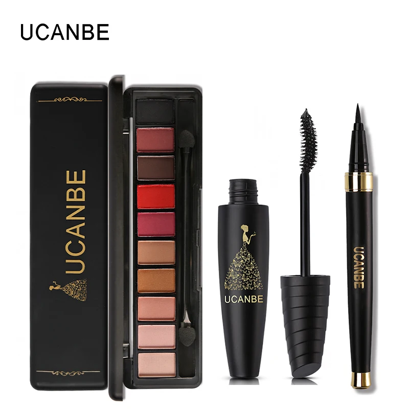 

UCANBE Brand 3pcs Value Eye Makeup Set 10 Colors Nude Eyeshadow Palette With Brush Black Liquid Eyeliner Mascara Cosmetics Kit