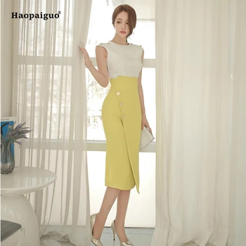Two Piece Set Women Suit 2018 Summer Sleeveless Blouse Shirt Tops and Split Slim Skirt Crop Top and Skirt Set 2 Piece Set Women marled knit crop top with split skirt