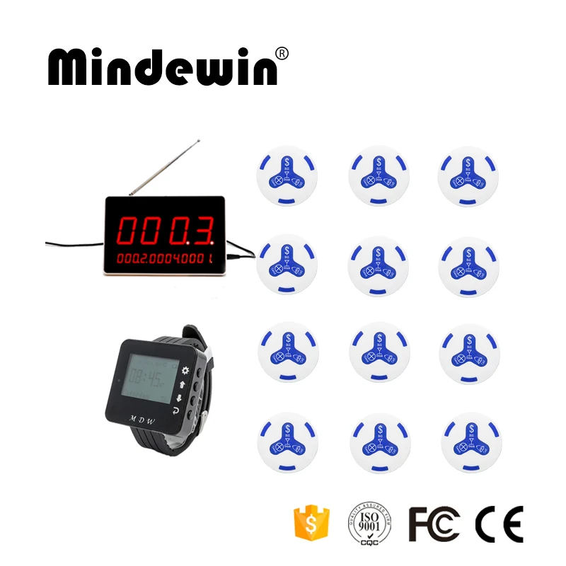 

Mindewin Wireless Restaurant Calling System, 1 Watch Receiver + 12 Service Call Button +1 LED Display Receiver Service Equipment