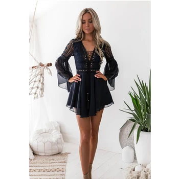 

2019 Hollow Out White Dress Sexy Women Dress Semi-sheer Plunge V-Neck Long Sleeve Crochet Lace Dress Dropshipping