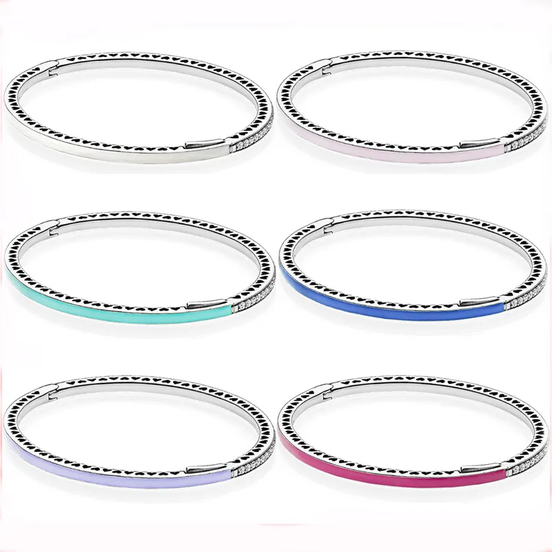 

Multicolor Enamel Radiant Hearts With Cubic Zirconia Bangle Fit DIY Snake Bracelet 925 Sterling Silver Bead Charm Jewelry