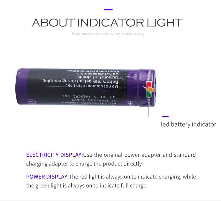 USB 3.7 V 18650, 3500mAh Li-Ion rechargeable USB battery with LED light DC-charging indicator