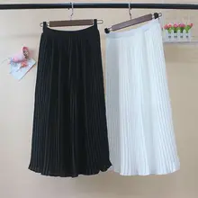 Летние женские эластичные плиссированные длинные юбки для дам корейские винтажные элегантные сексуальные Высокая талия шифон А-силуэта черные белые миди юбки