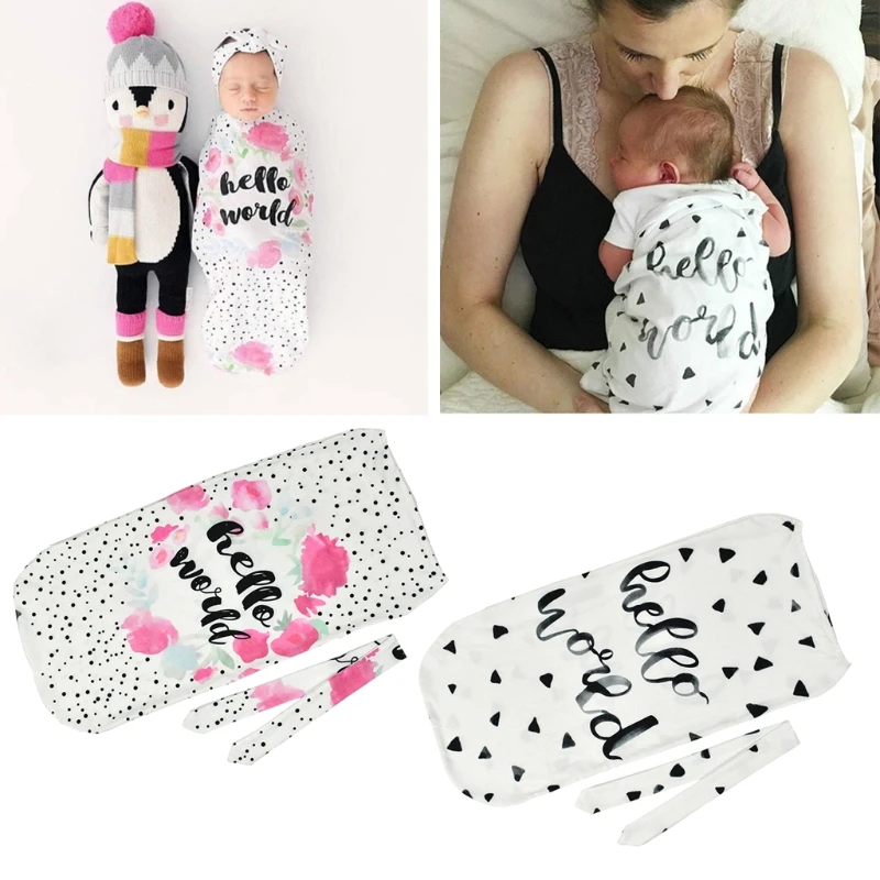 2 шт./компл. новорожденных пеленка для младенцев Одеяло спальный мешок для малышей повязка на голову «Hello World», спортивный костюм, Обёрточная бумага повязка на голову