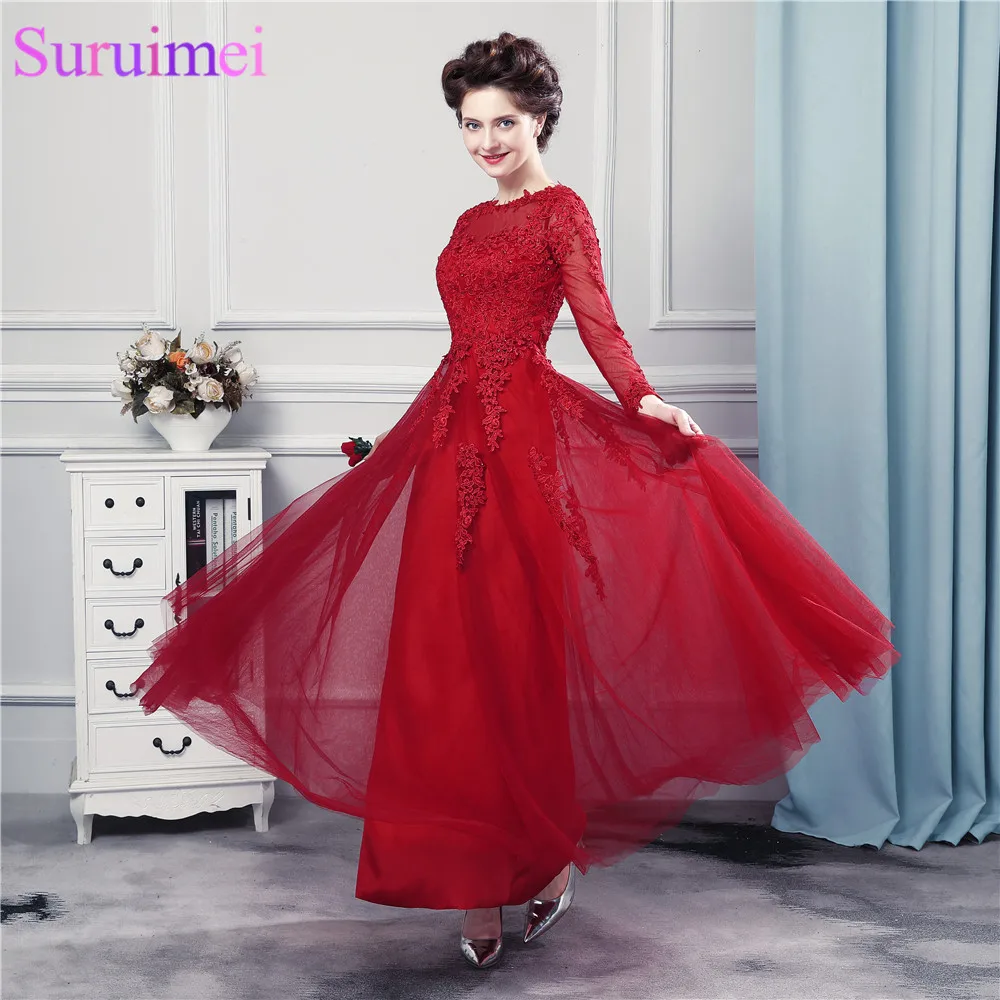 Free Shipping Ankle Length Prom Dresses With Long Sleeves Dark Red High Quality Tulle Lace