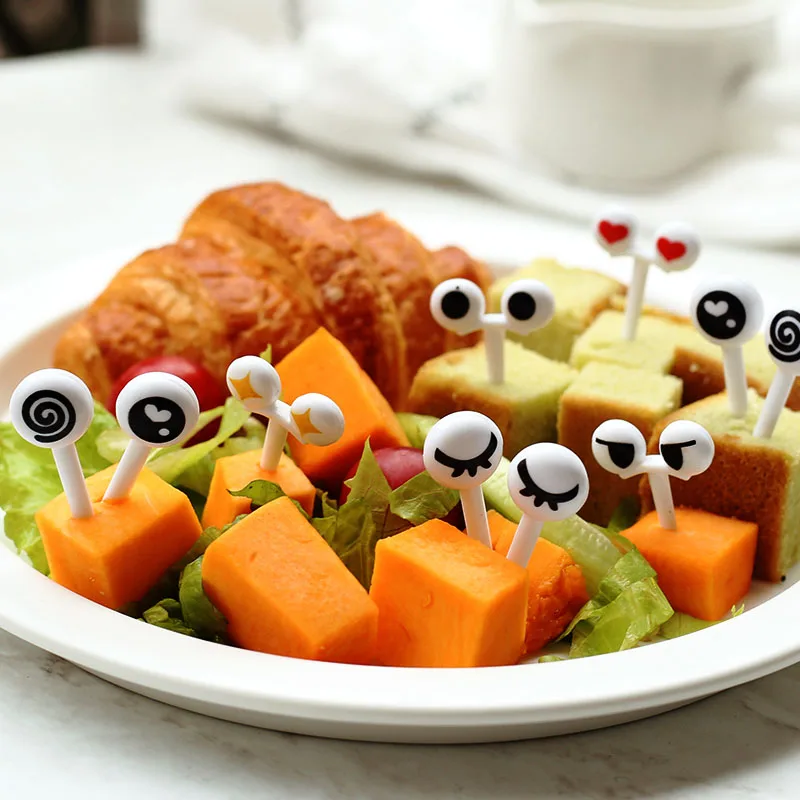 

cute 10 Pcs Kids Fruit Forks Mini Cartoon Eye Toothpick Children Snack Dessert Cake Fork Bento Food Picks Kitchen Tableware