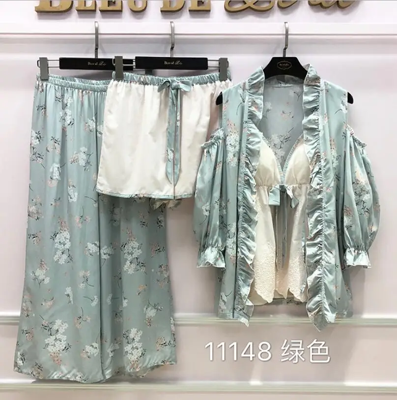 

sexy satin silk pajamas summer new 4 piece set robe nightgown robe+long trousers+short trousers pijiamas set sleepwear