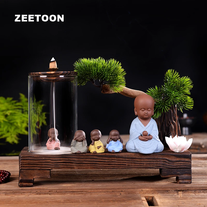 

Chinese Style Incense Burner Weathered Wood Zen Backflow Incense Censer with Cute Monk Lotus / Home Lucky Decor Crafts Adornment