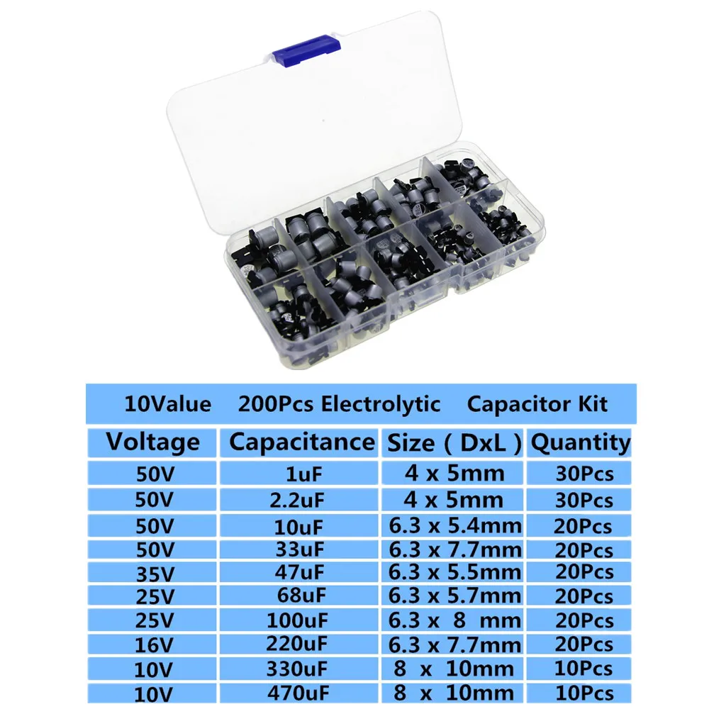 

10 Values 200pcs SMD Electrolytic Capacitor Assorted Kit 10V~50V 1uF~470uF with Storage Box